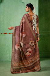 Coffee Brown Tussar Silk Floral Print Saree-4467
